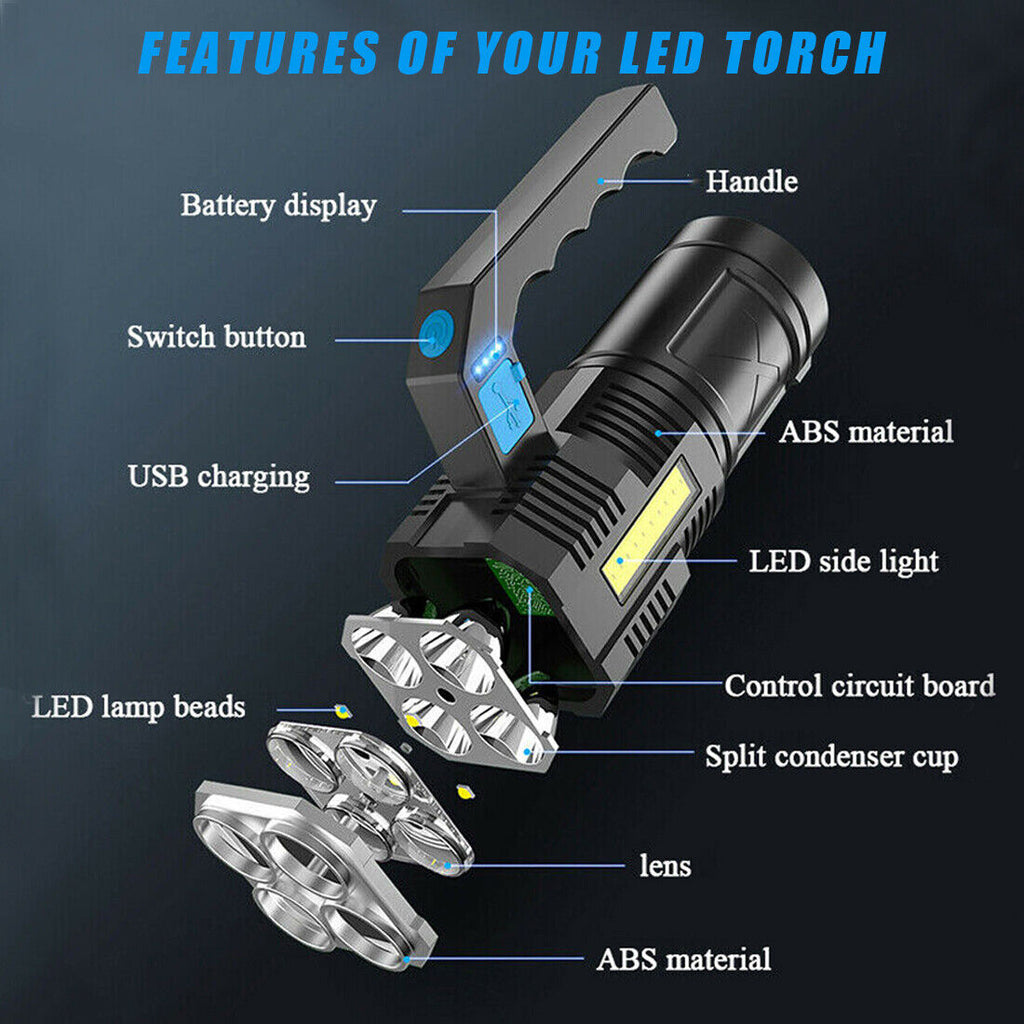 LED Flashlight USB Rechargeable Torch COB Spotlight Camping Light High Lumens Emergency Lamp 4 Modes Waterproof Work Light