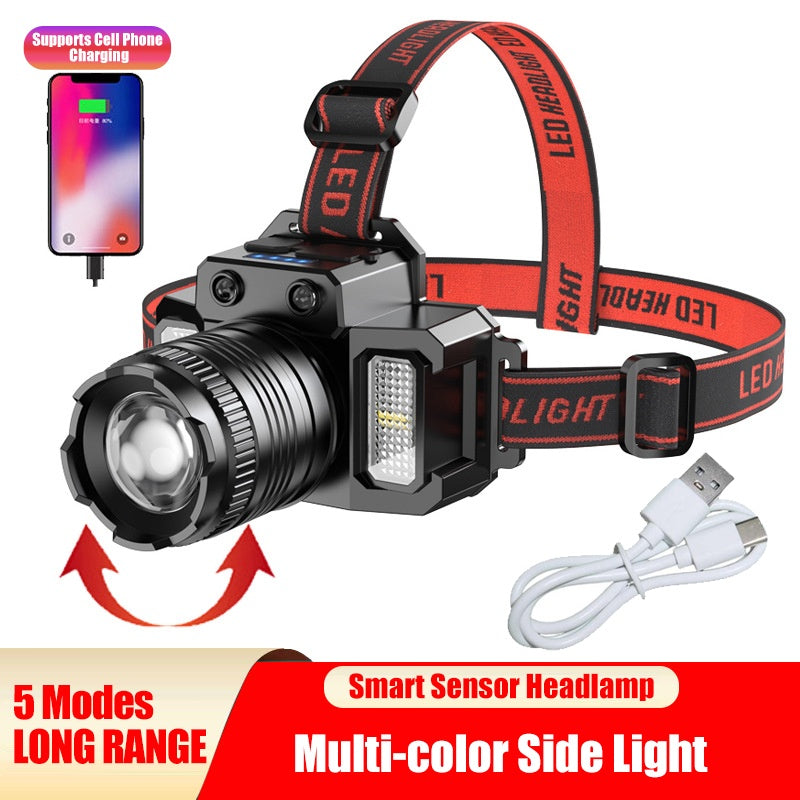 LED Tactical Headlamp Head Torch USB Rechargeable Motion Sensor Headlight Zoomable 5 Modes Emergency Power Bank For Mobile Phone