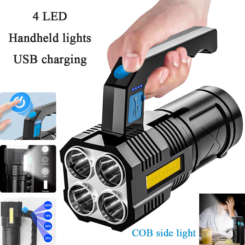 LED Flashlight USB Rechargeable Torch COB Spotlight Camping Light High Lumens Emergency Lamp 4 Modes Waterproof Work Light