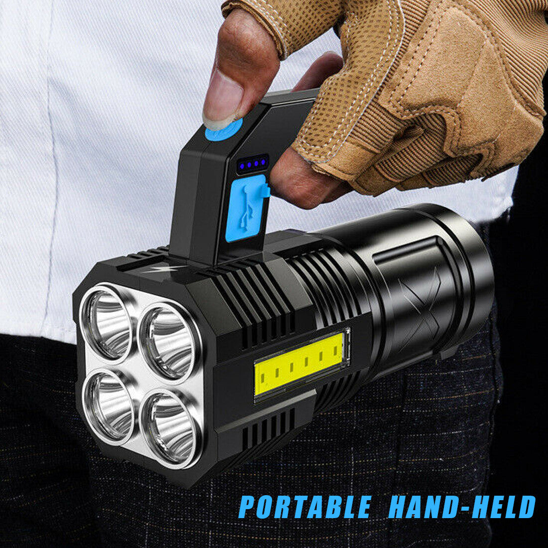 LED Flashlight USB Rechargeable Torch COB Spotlight Camping Light High Lumens Emergency Lamp 4 Modes Waterproof Work Light