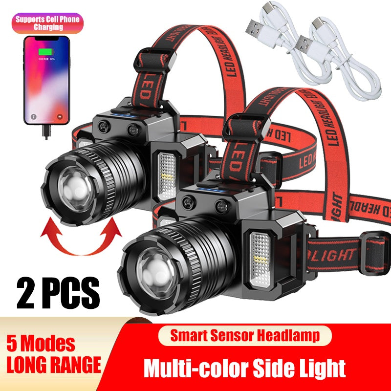 LED Tactical Headlamp Head Torch USB Rechargeable Motion Sensor Headlight Zoomable 5 Modes Emergency Power Bank For Mobile Phone