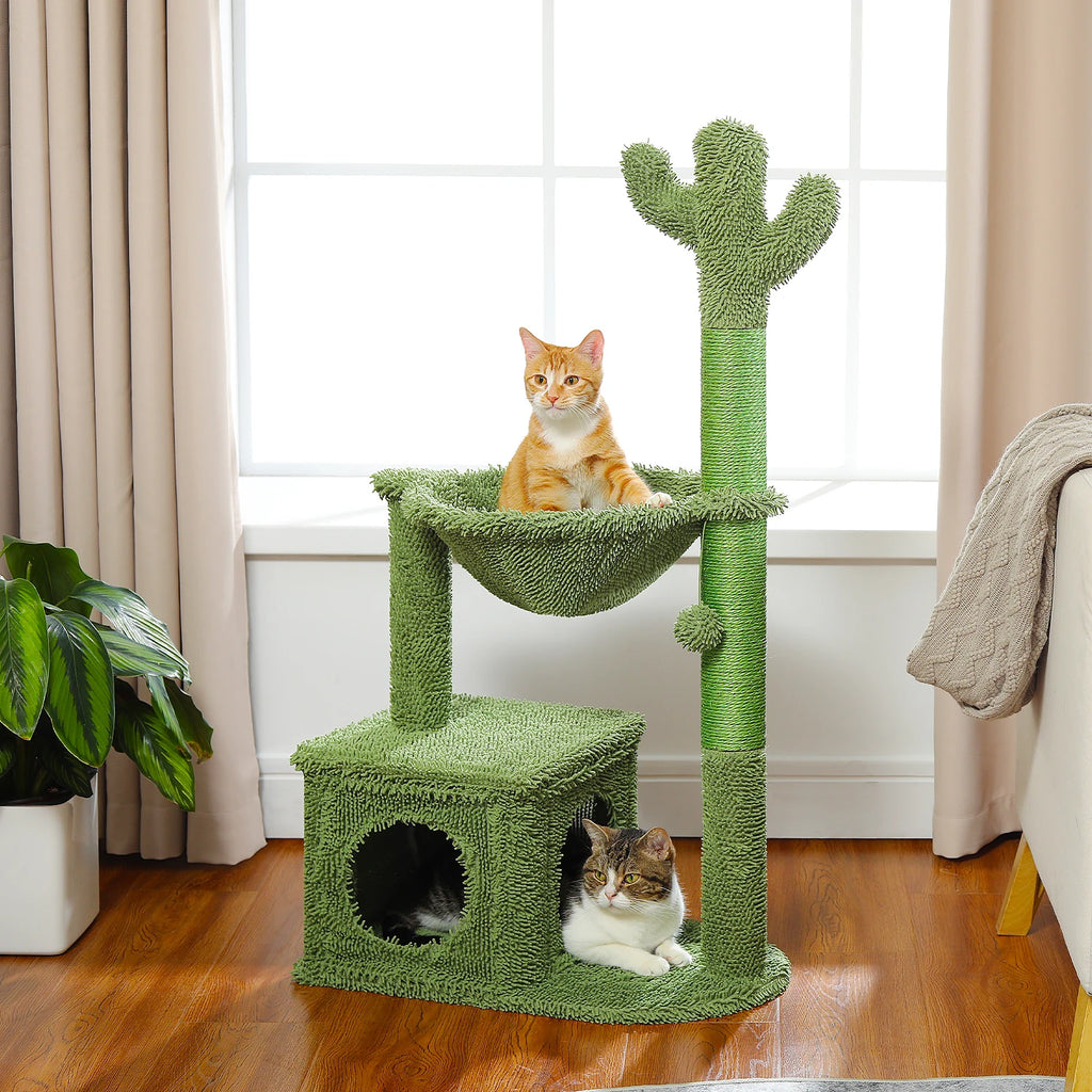 Cactus Cat Tree with Lagre Condo, Hammock, Dangling Ball, Small Cat Tower, Cat Scratching Post for Indoor, Cat Toys