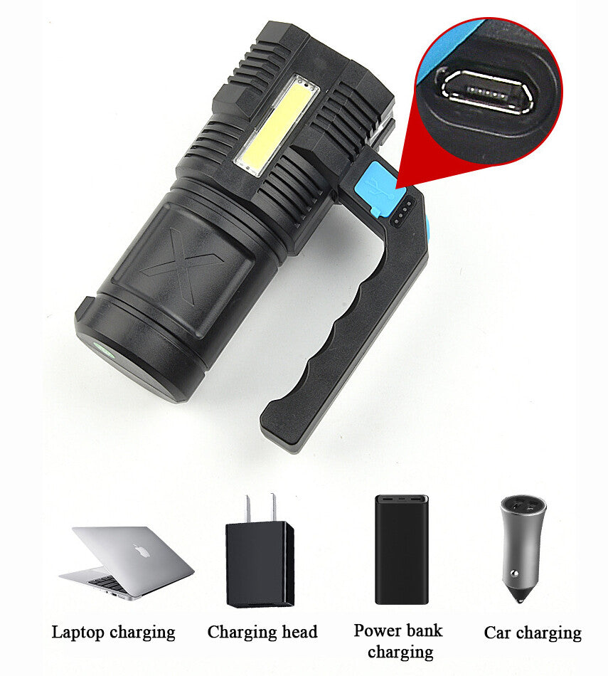 LED Flashlight USB Rechargeable Torch COB Spotlight Camping Light High Lumens Emergency Lamp 4 Modes Waterproof Work Light